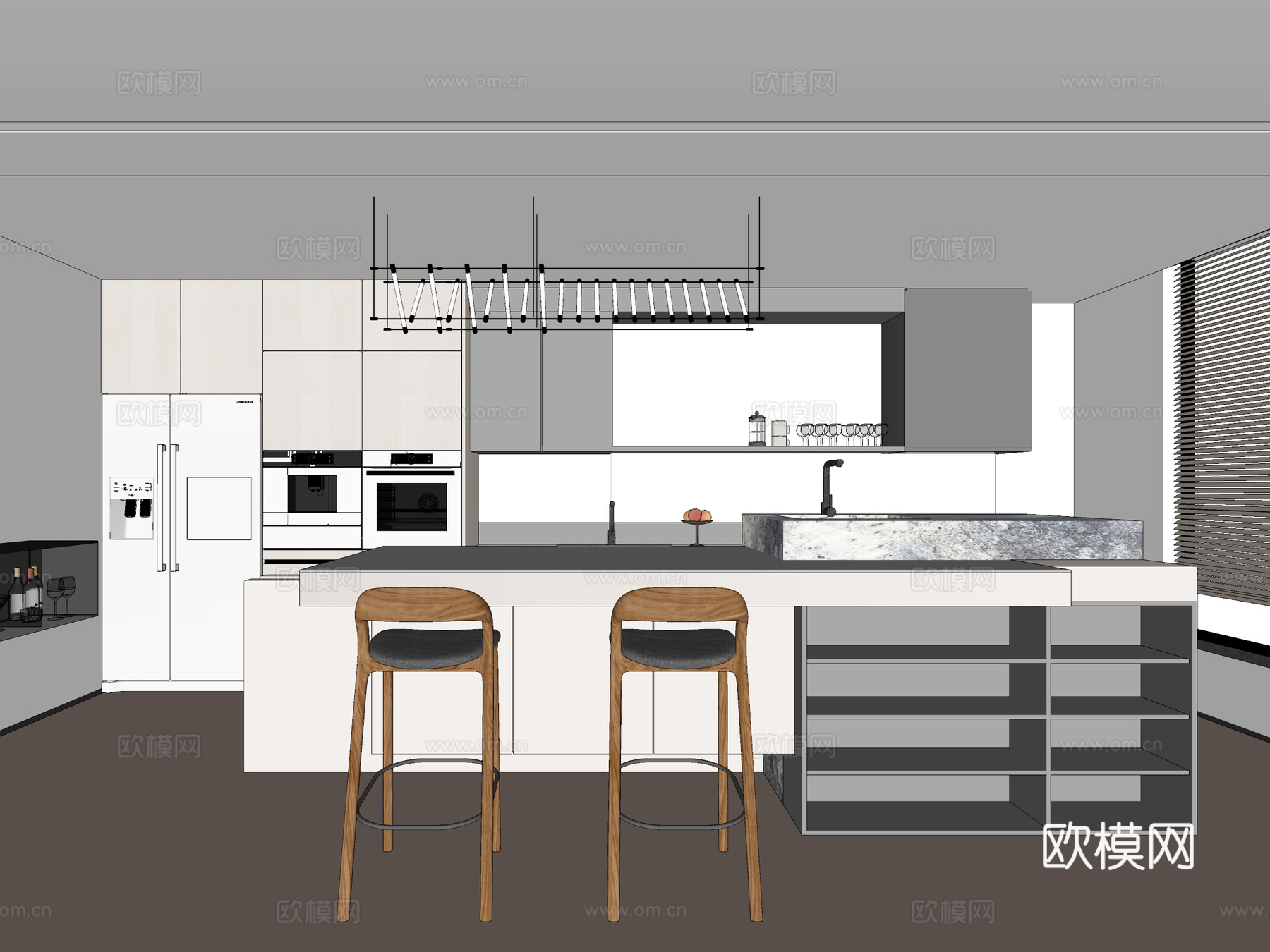 开放式厨房 餐厅 吧台 厨柜su模型