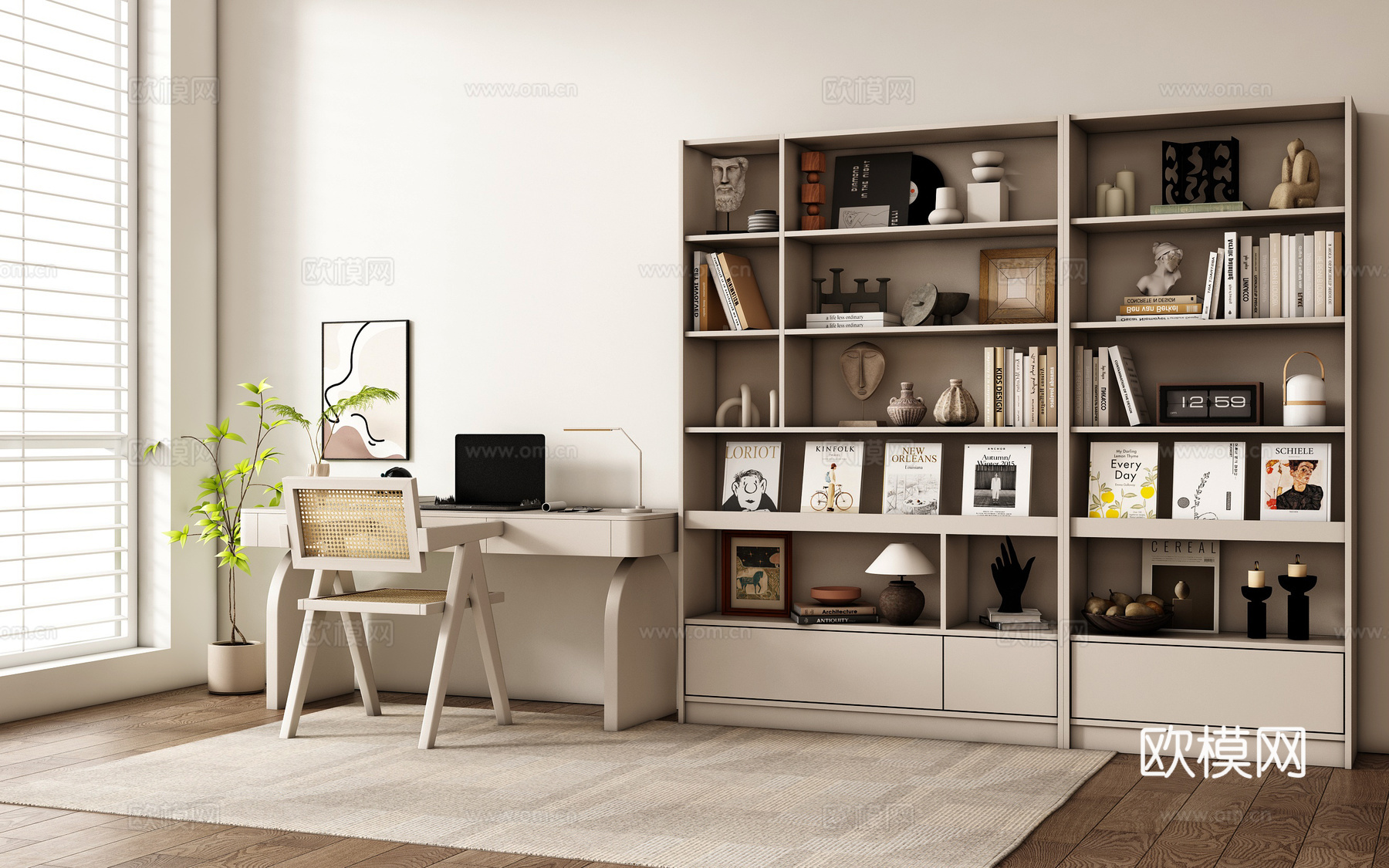 奶油风书房 书桌椅  办公桌椅 摆件组合 书柜su模型