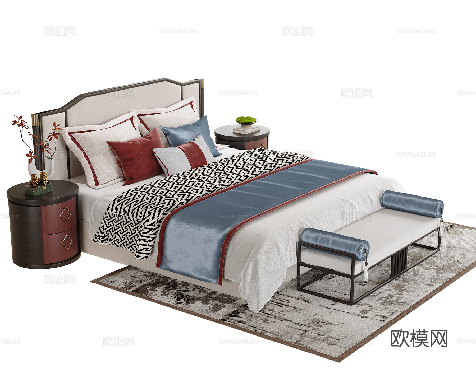 新中式双人床 床尾凳 床头柜su模型