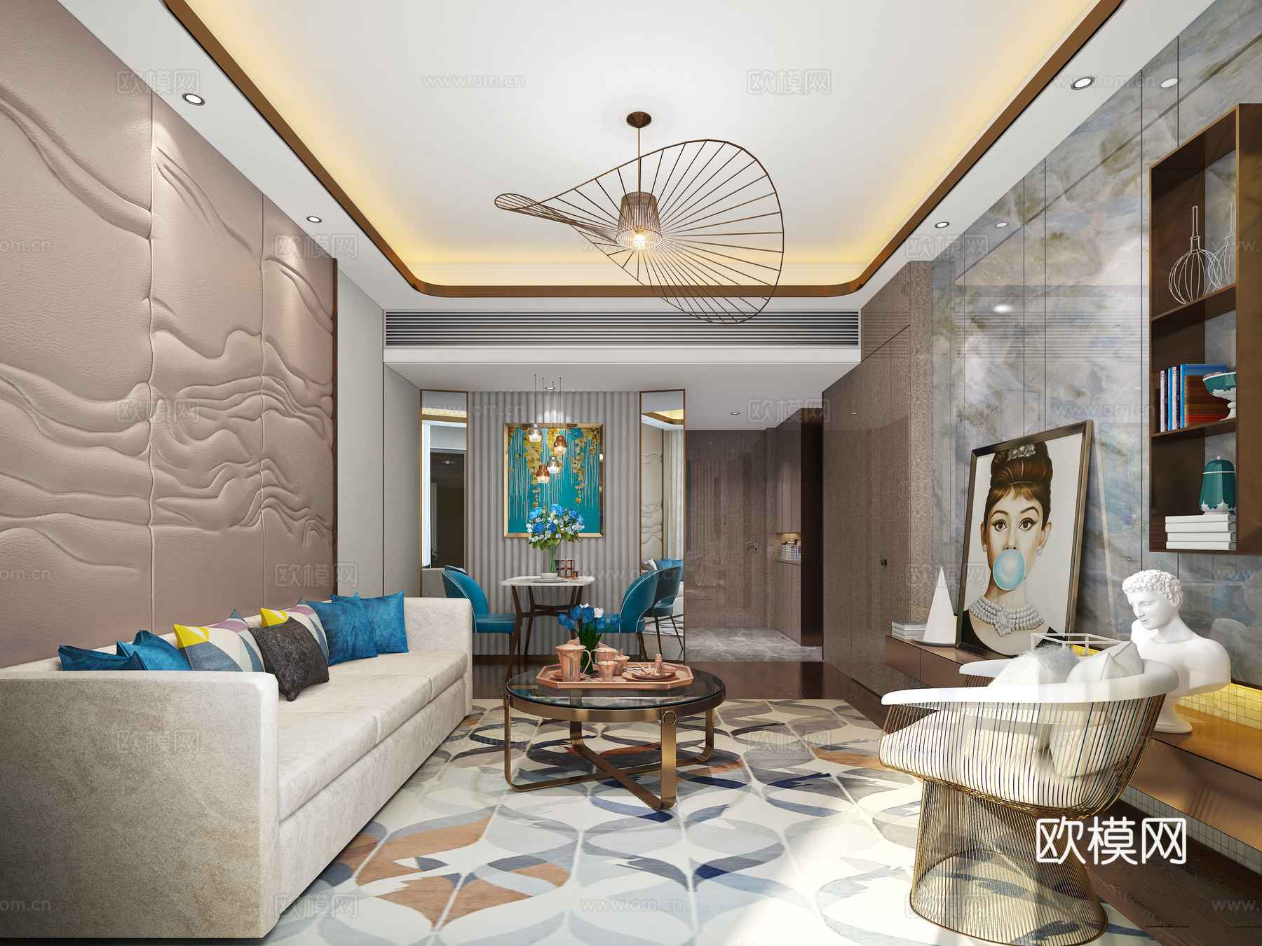 地中海风格客厅 铁艺吊灯 现代沙发 单人休闲椅 茶几 雕塑3d模型下载