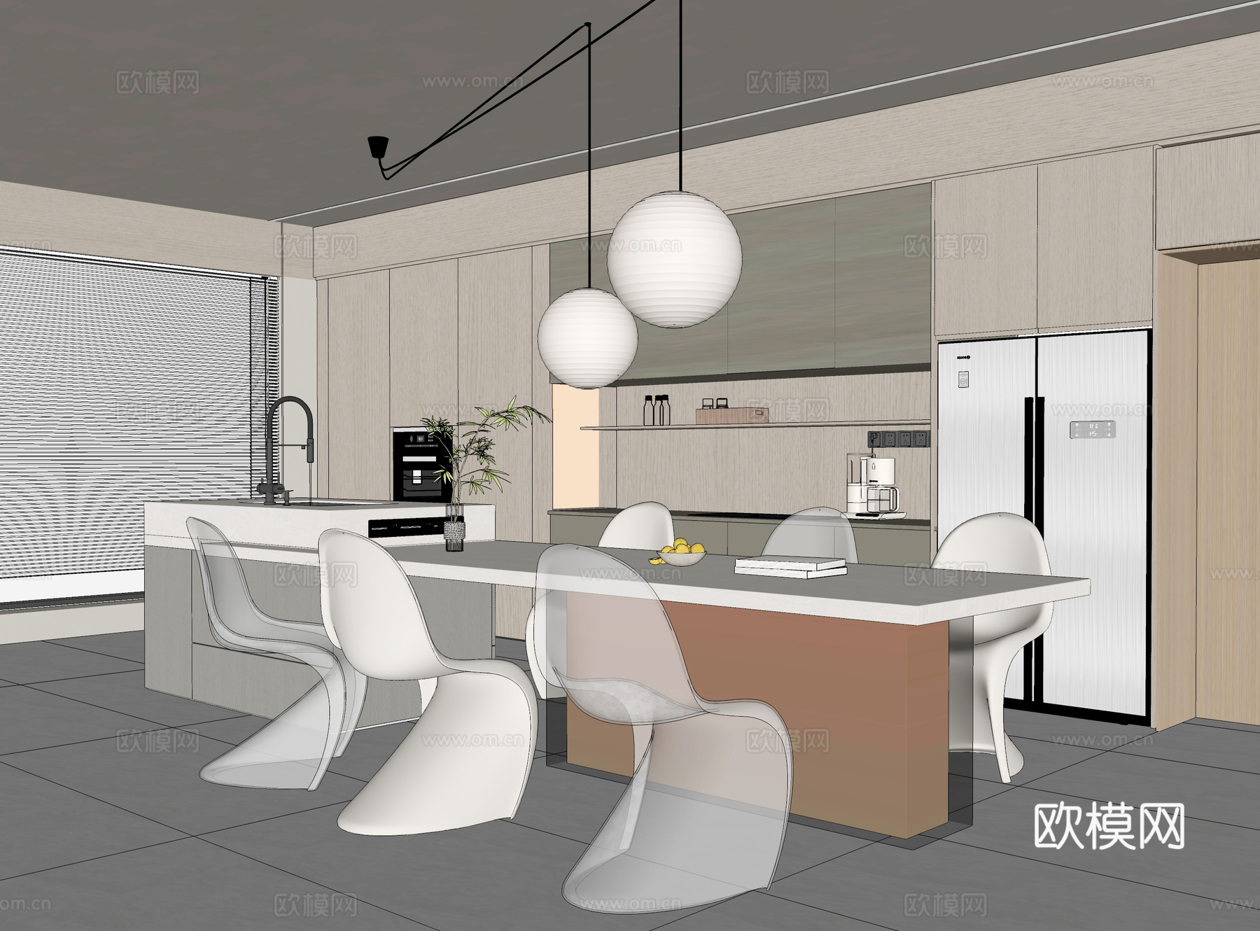 开放式餐厅 餐桌 餐边柜su模型