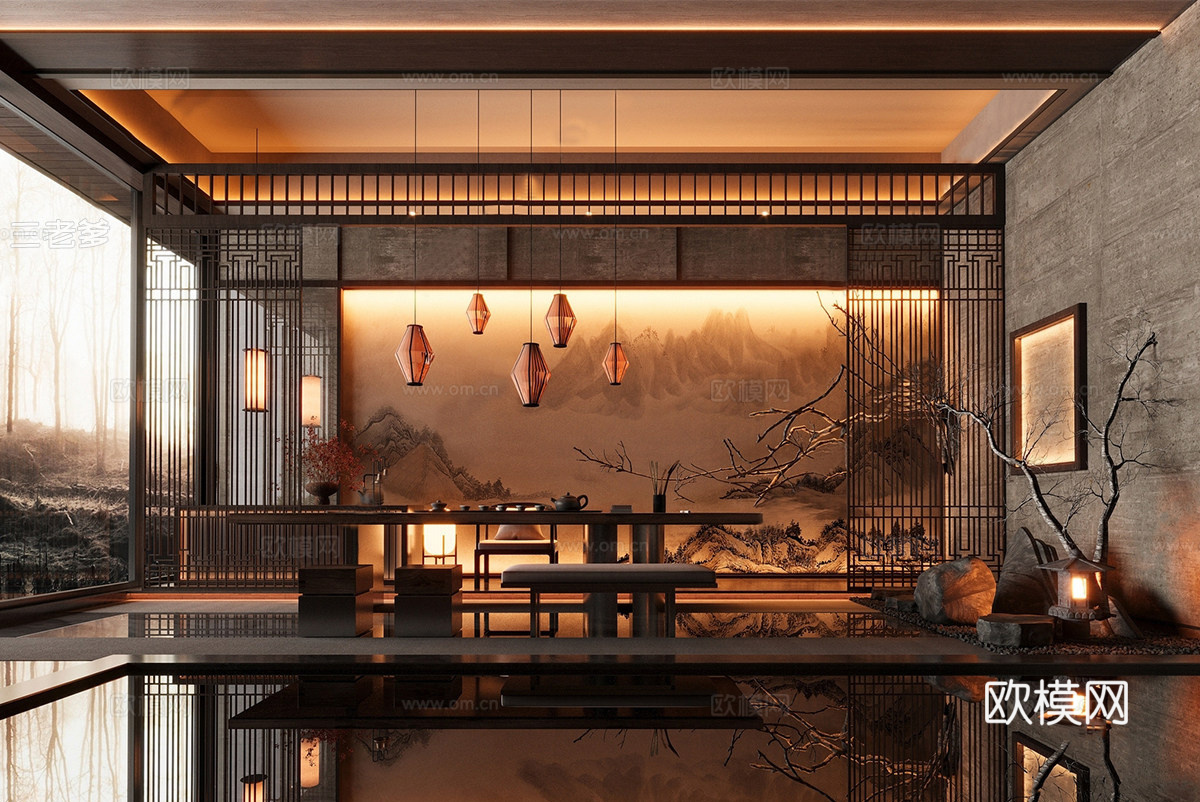 新中式禅意茶室 茶馆 茶台组合su模型