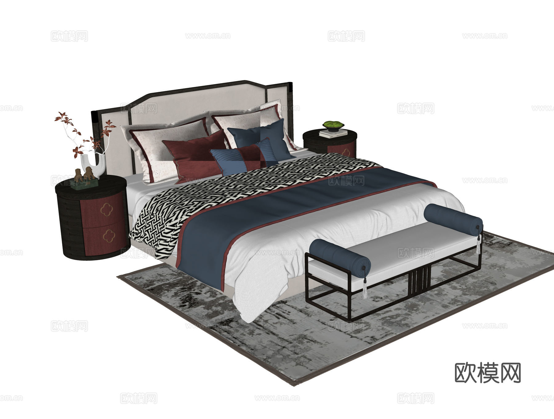 新中式双人床 床尾凳 床头柜su模型