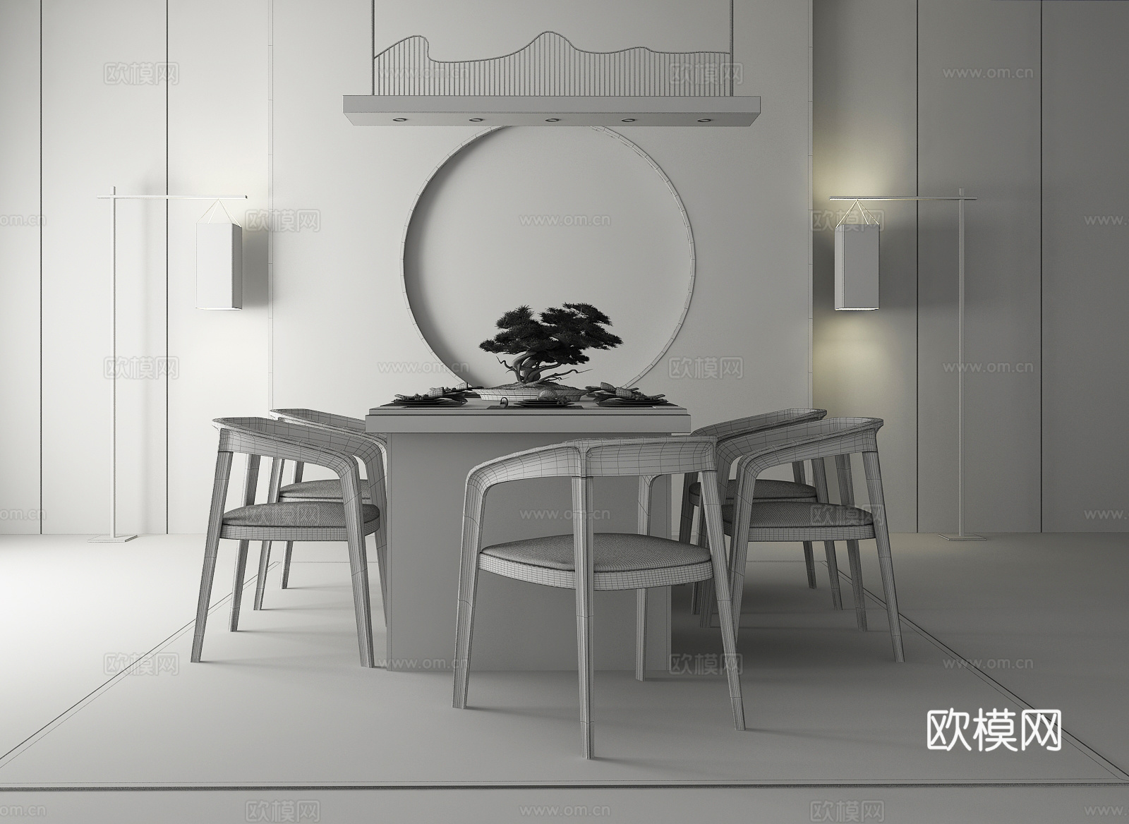 新中式餐桌椅灯具摆件组合3d模型下载（渲染图2）