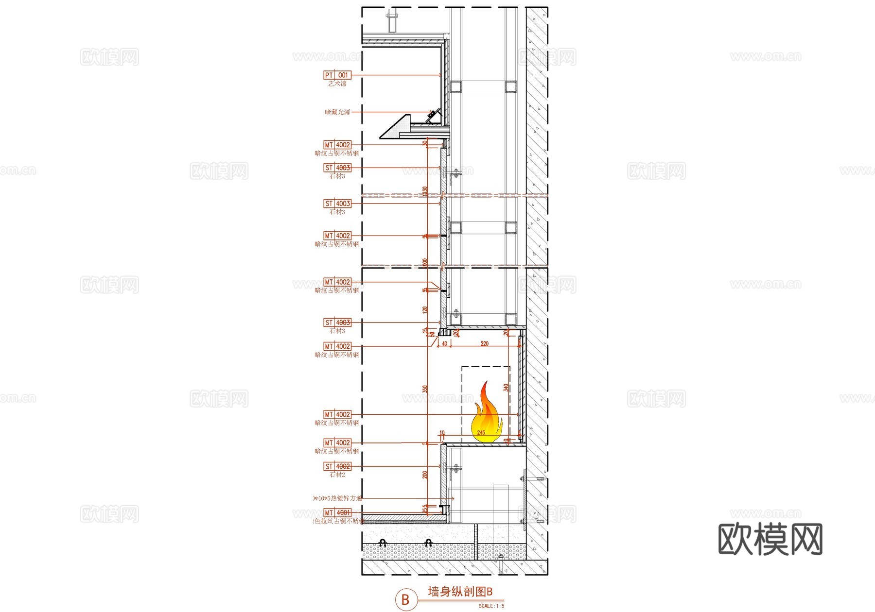 现代简约壁炉电视墙施工大样详图  电视背景造型墙  石材壁炉cad施工图