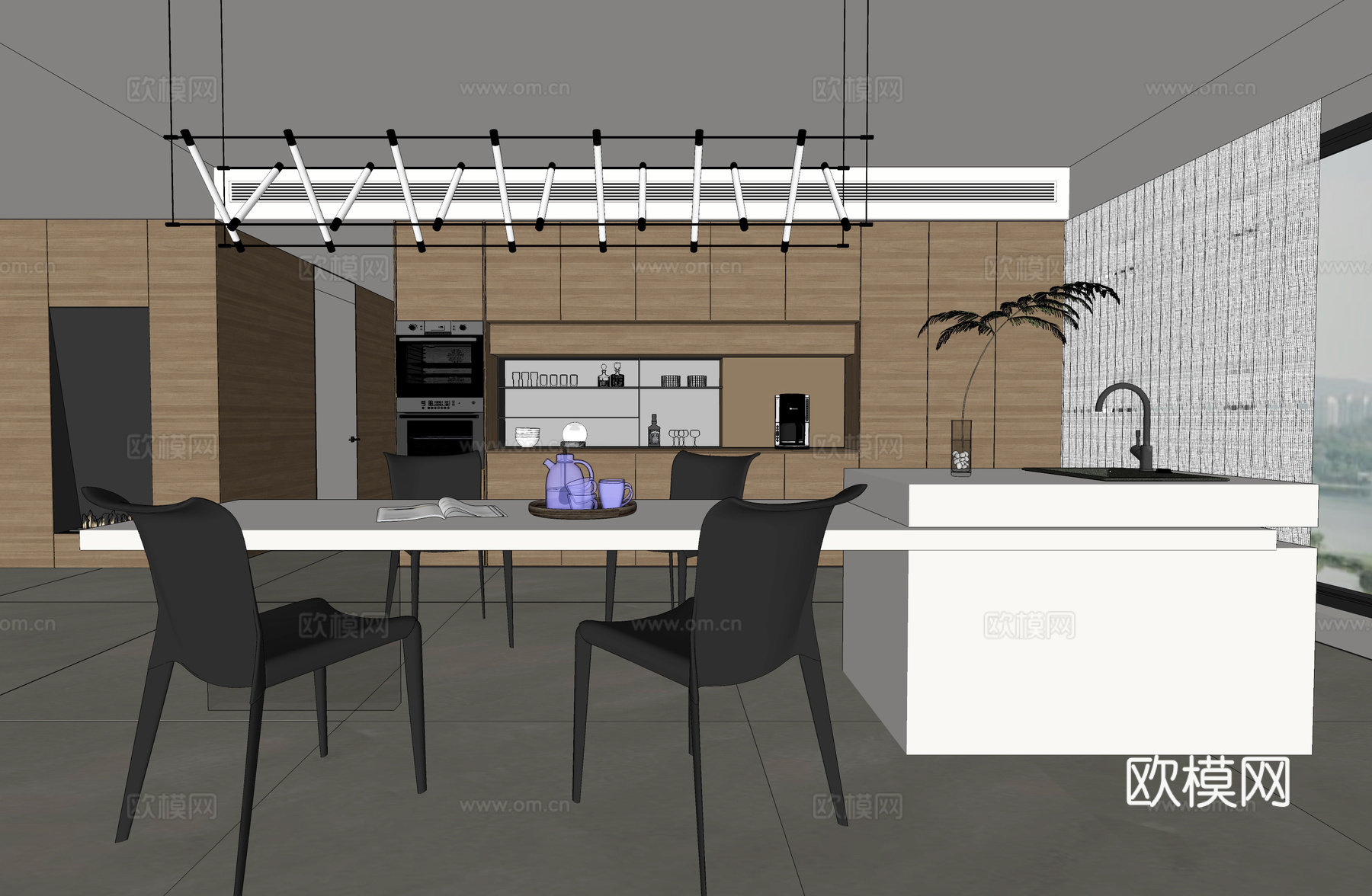 开放式餐厅 吧台 餐边柜 餐桌椅组合su模型