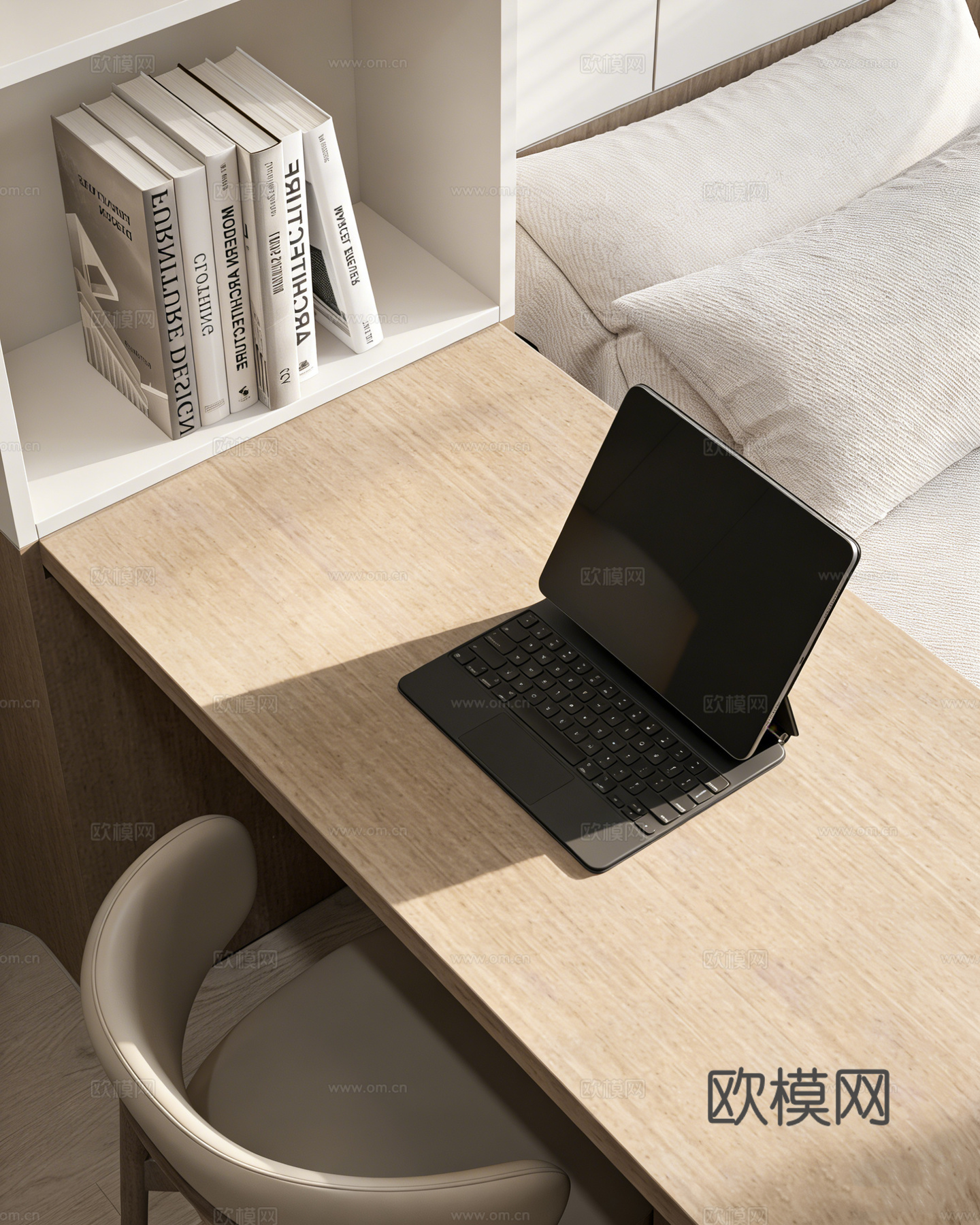 现代简约书房卧室一体 民宿客房 多功能房间 L型书桌 地台床su模型