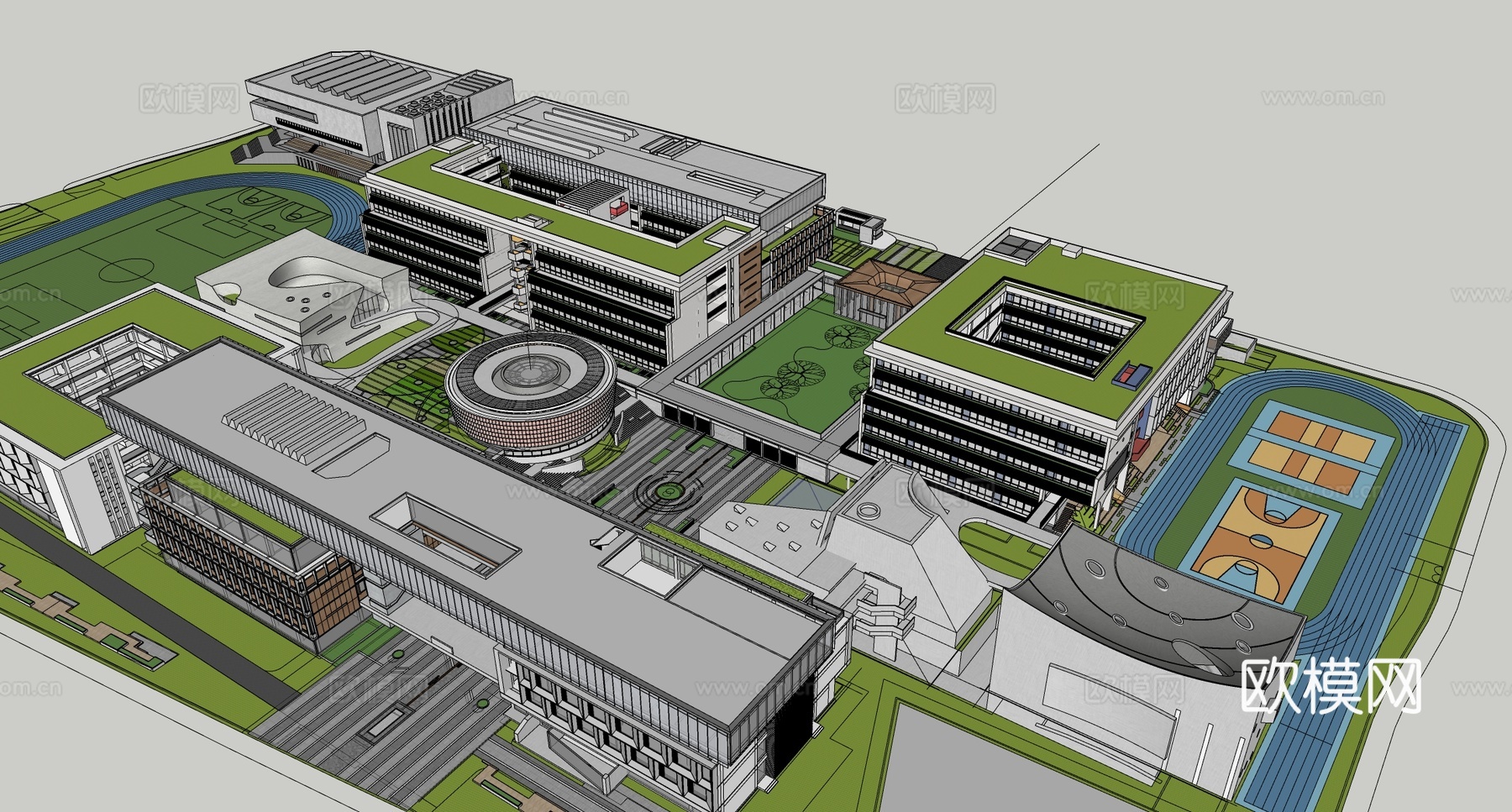 现代学校建筑  中小学建筑 建筑鸟瞰图su模型