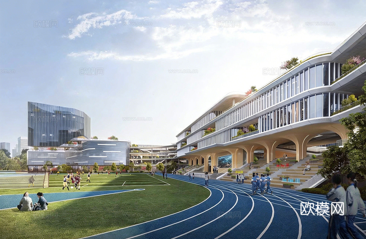 现代学校建筑  中小学建筑 学校操场 艺术培训学校su模型