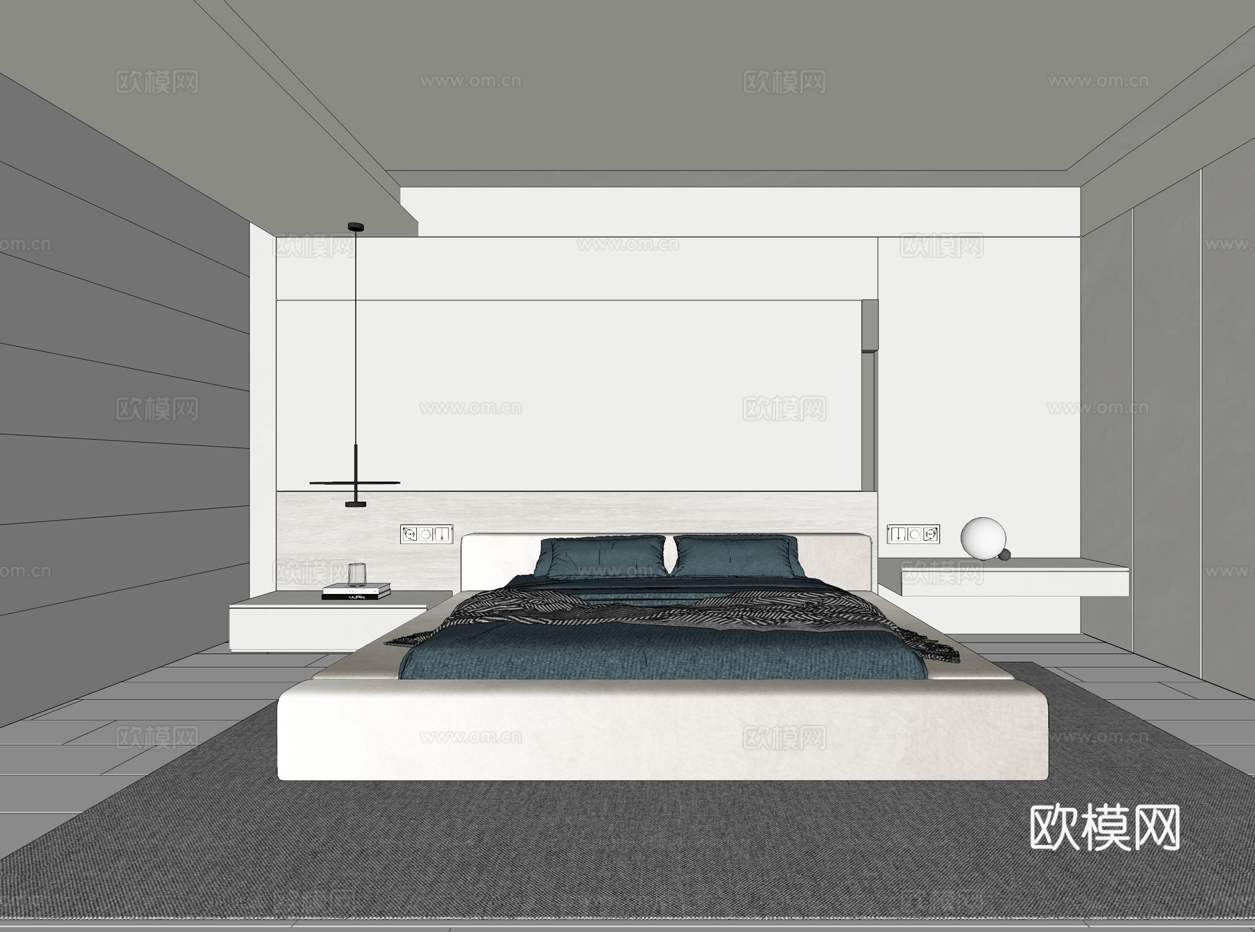 卧室 双人床 地毯su模型