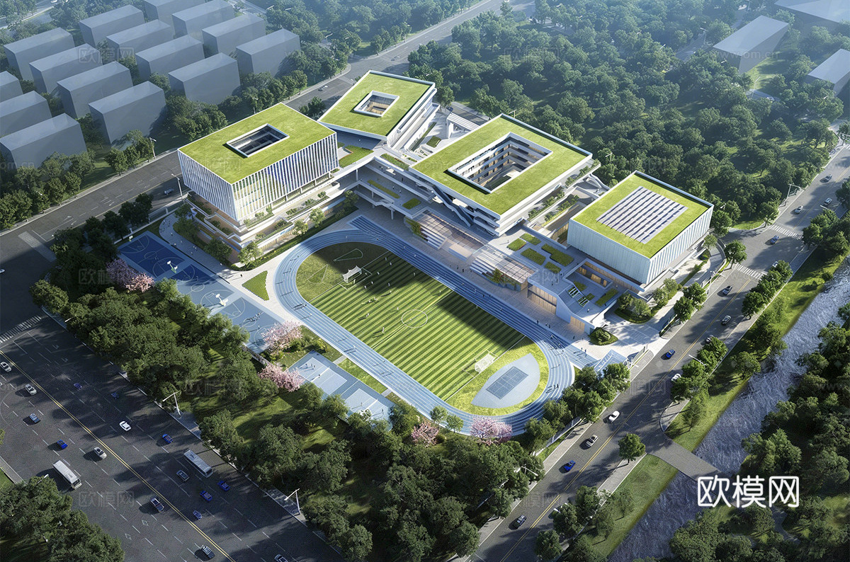 现代学校建筑  中小学建筑 学校鸟瞰图 艺术培训学校  学校su模型