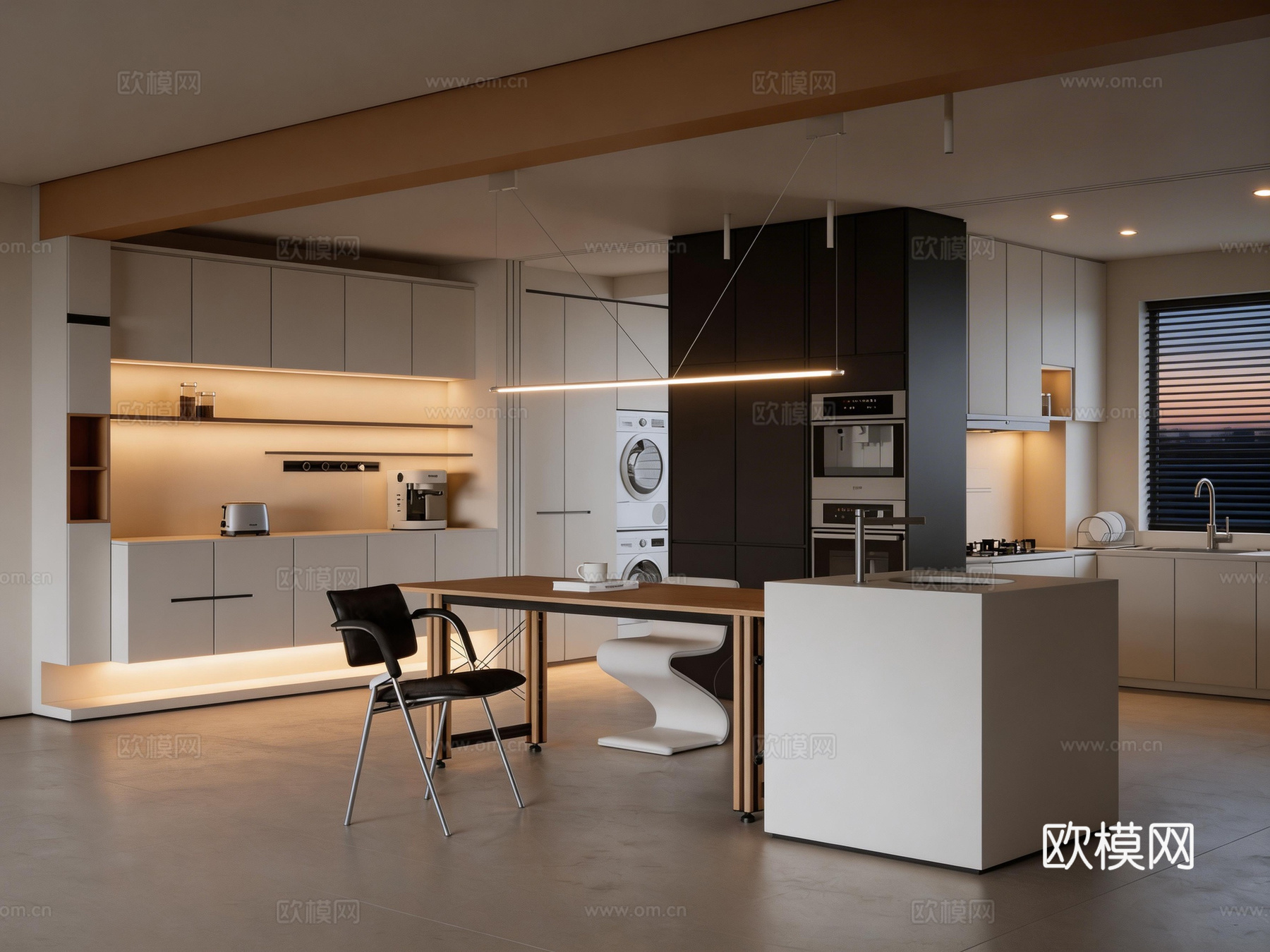 开放式厨房 吧台 吧椅 餐边柜su模型