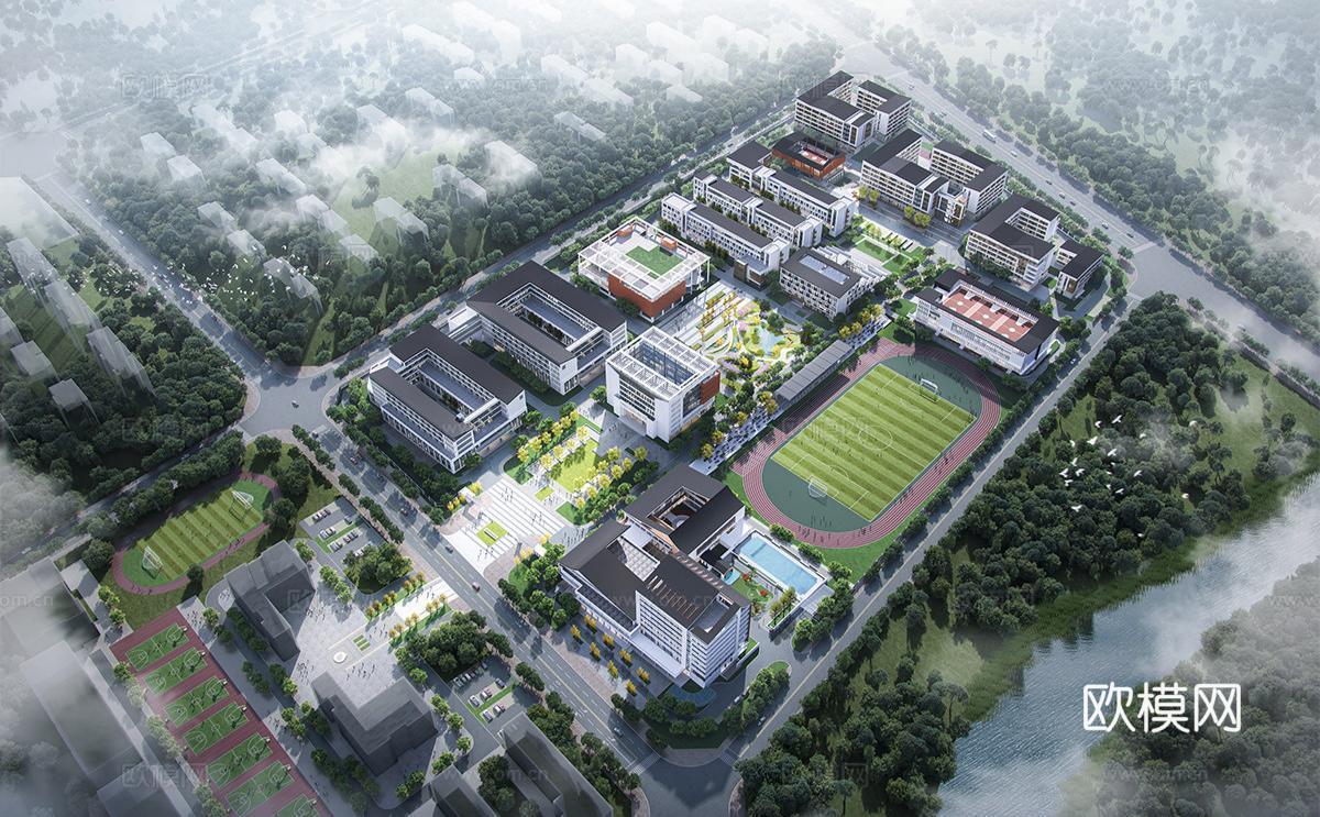 现代学校建筑  中小学建筑 学校鸟瞰图su模型