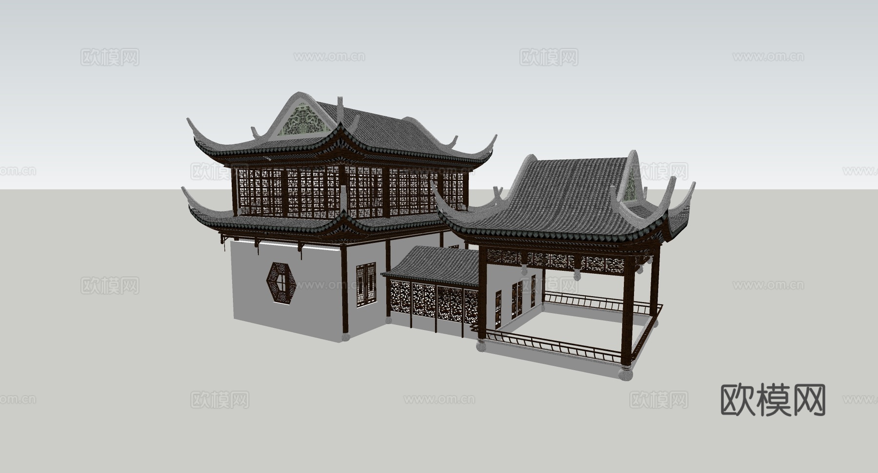 中式传统两层楼阁连廊 飞檐翘角 雕花木窗 灰瓦白墙su模型