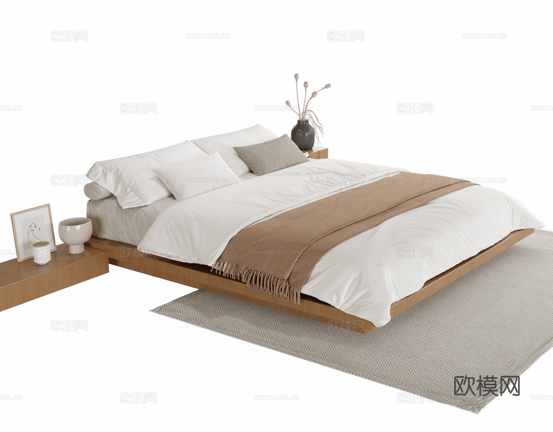 现代双人床 床头柜su模型