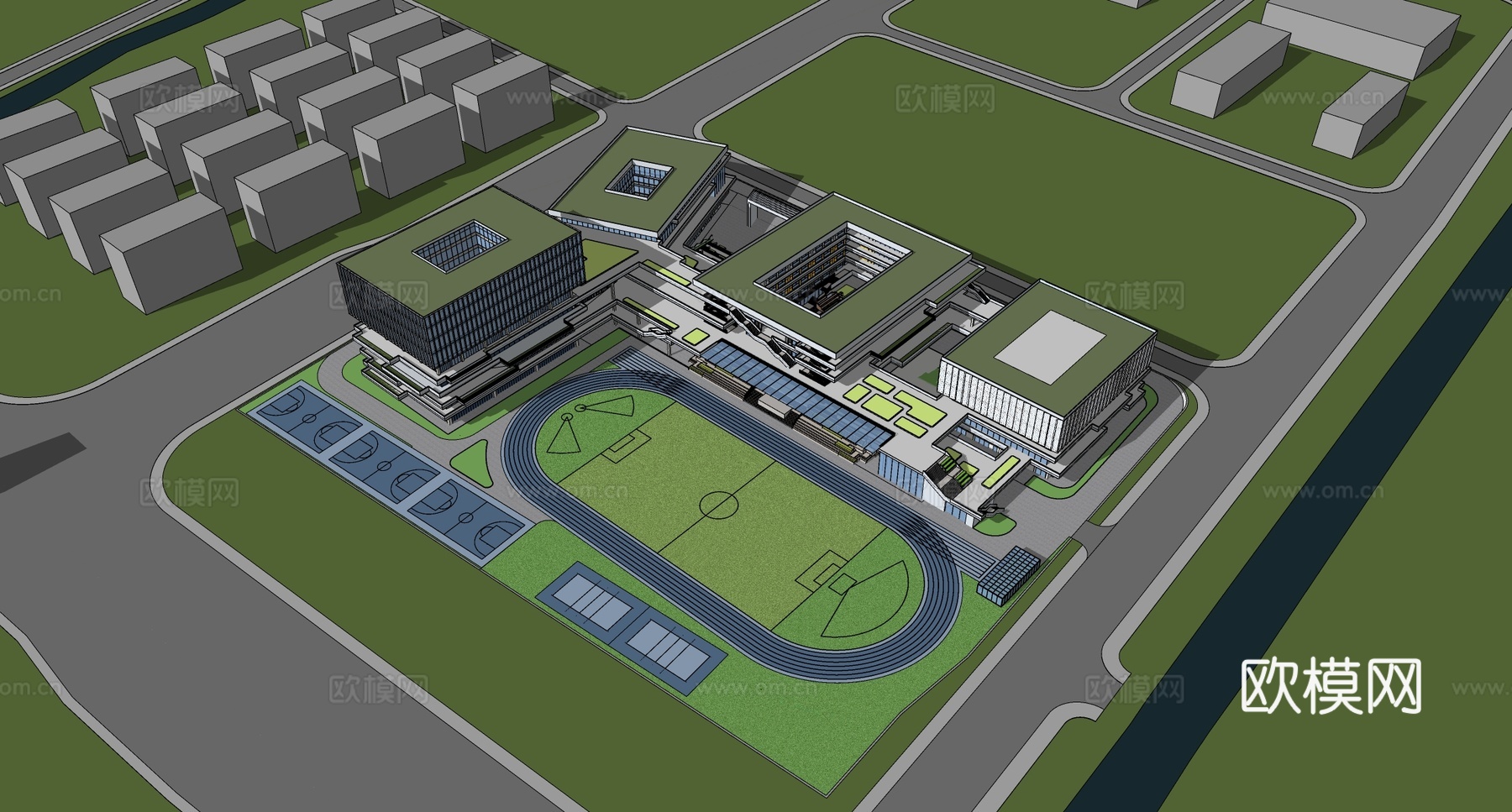 现代学校建筑  中小学建筑 学校鸟瞰图 艺术培训学校  学校su模型