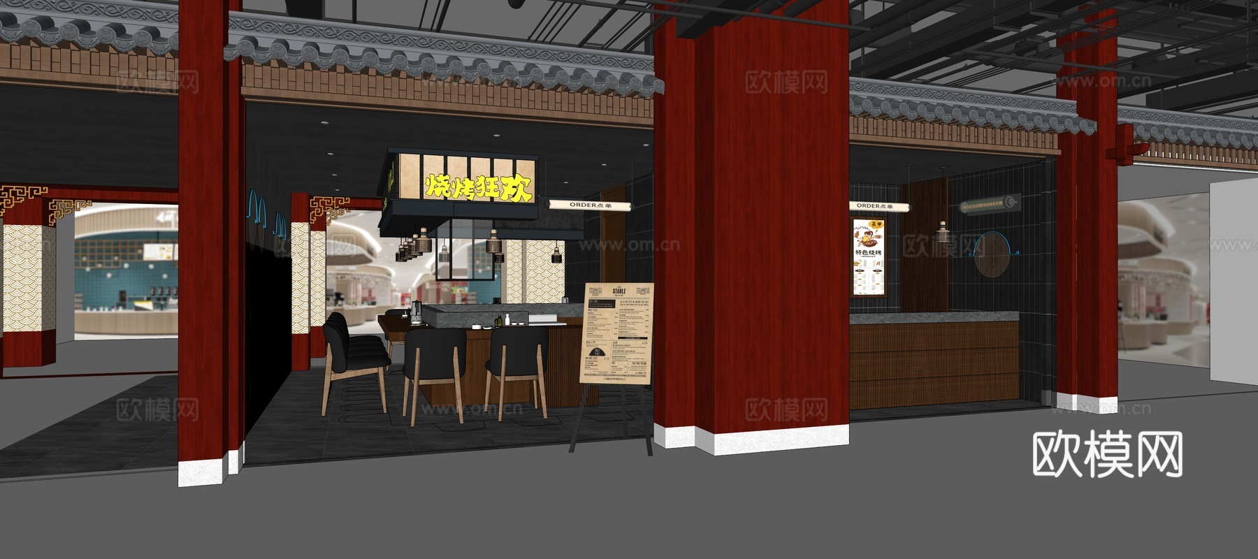 现代商场铁板烧烧烤店铺su模型
