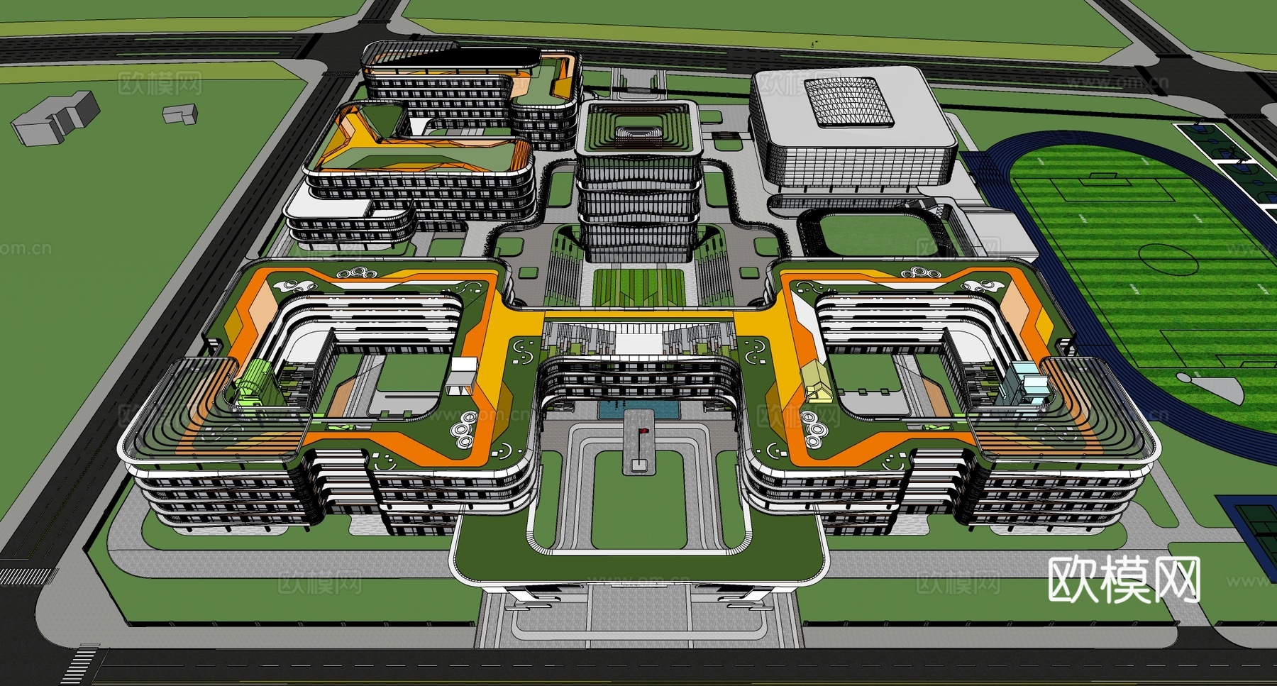 现代学校建筑  中小学建筑 学校鸟瞰图 艺术培训学校su模型