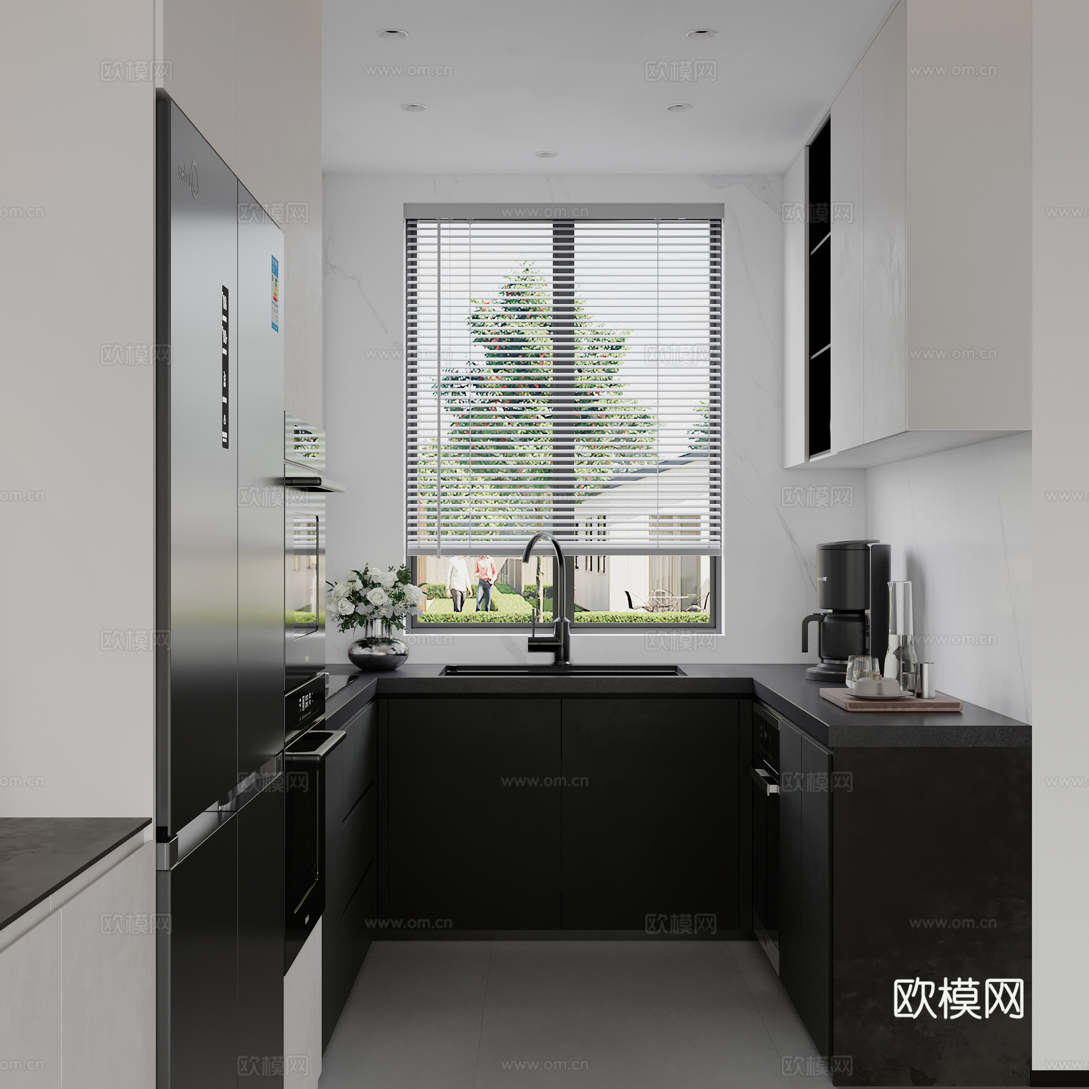 现代极简黑白灰开放式厨房su模型