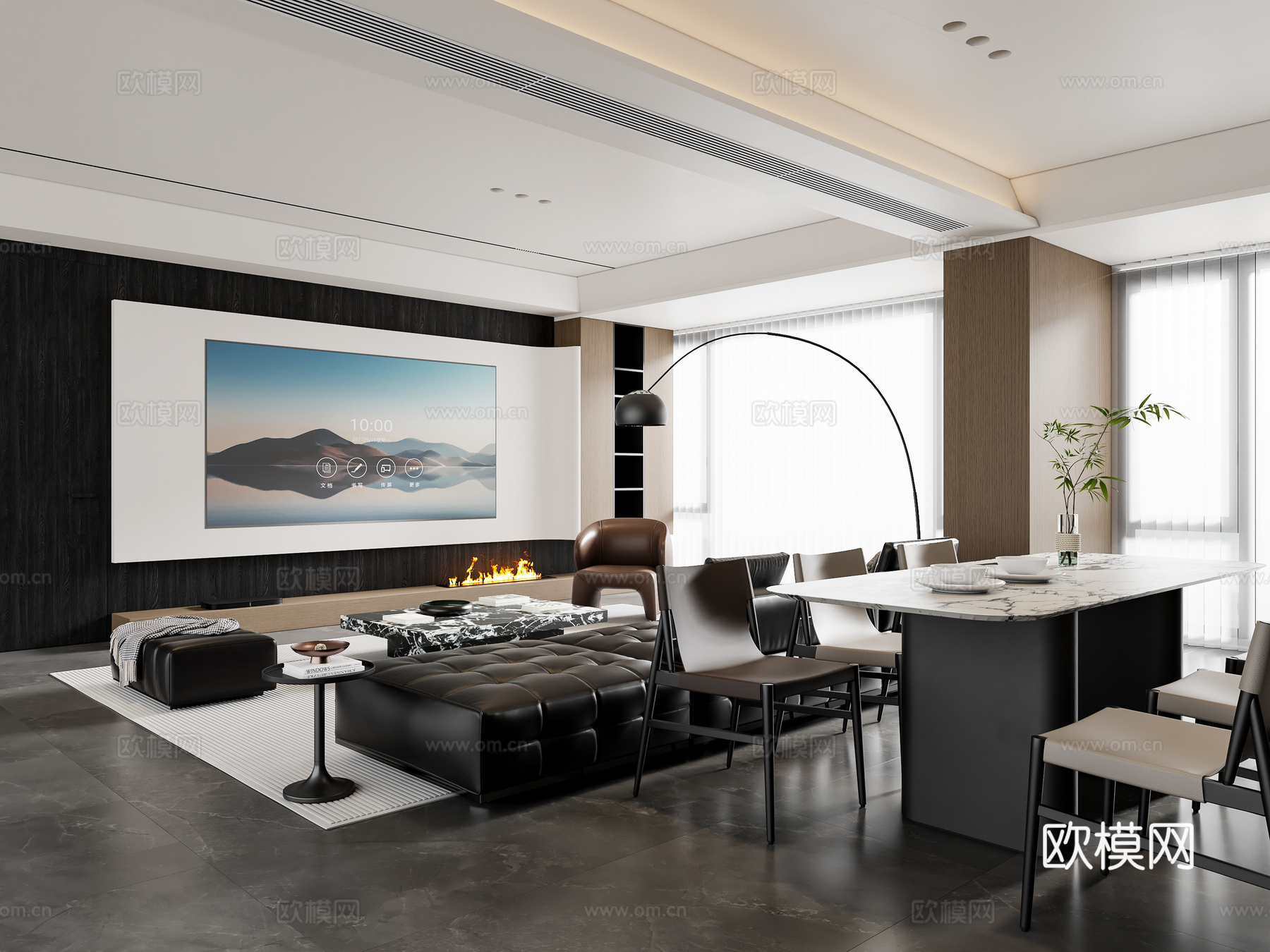 现代意式客餐厅 沙发茶几 电视背景墙 餐桌椅 地毯su模型