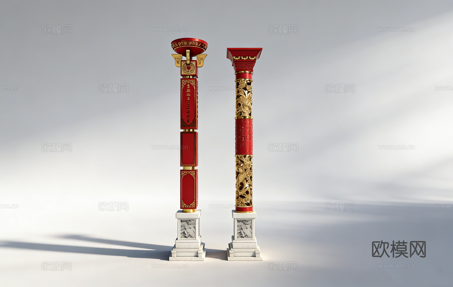 中式传统纹样盘龙柱 龙纹浮雕 金色雕花 寺庙大殿庆典装饰su模型