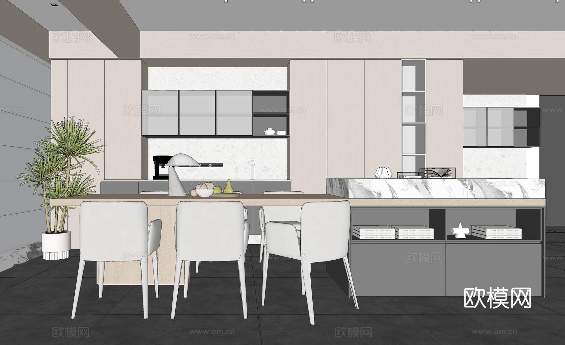 餐厨一体 开放式餐厅 餐桌 厨柜su模型