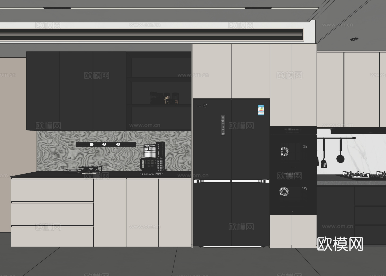 现代极简黑白灰开放式厨房su模型