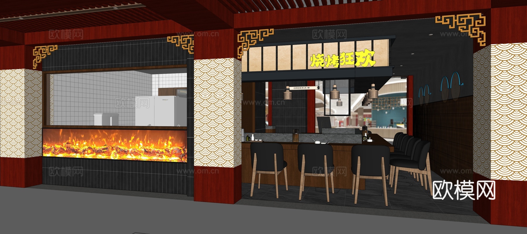现代商场铁板烧烧烤店铺su模型