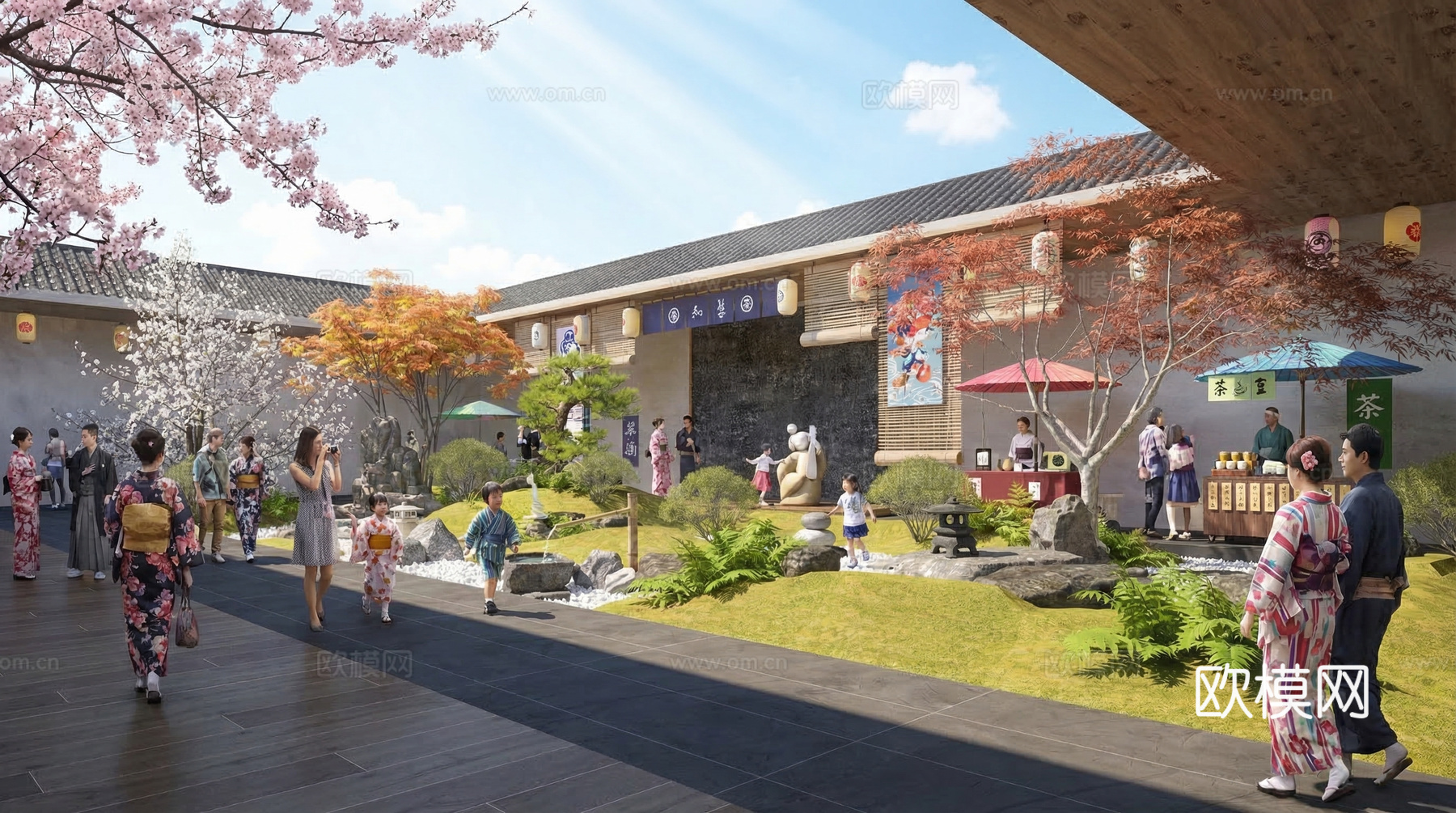 日式中庭枯山水庭院景观 石头假山 禅意庭院小品su模型