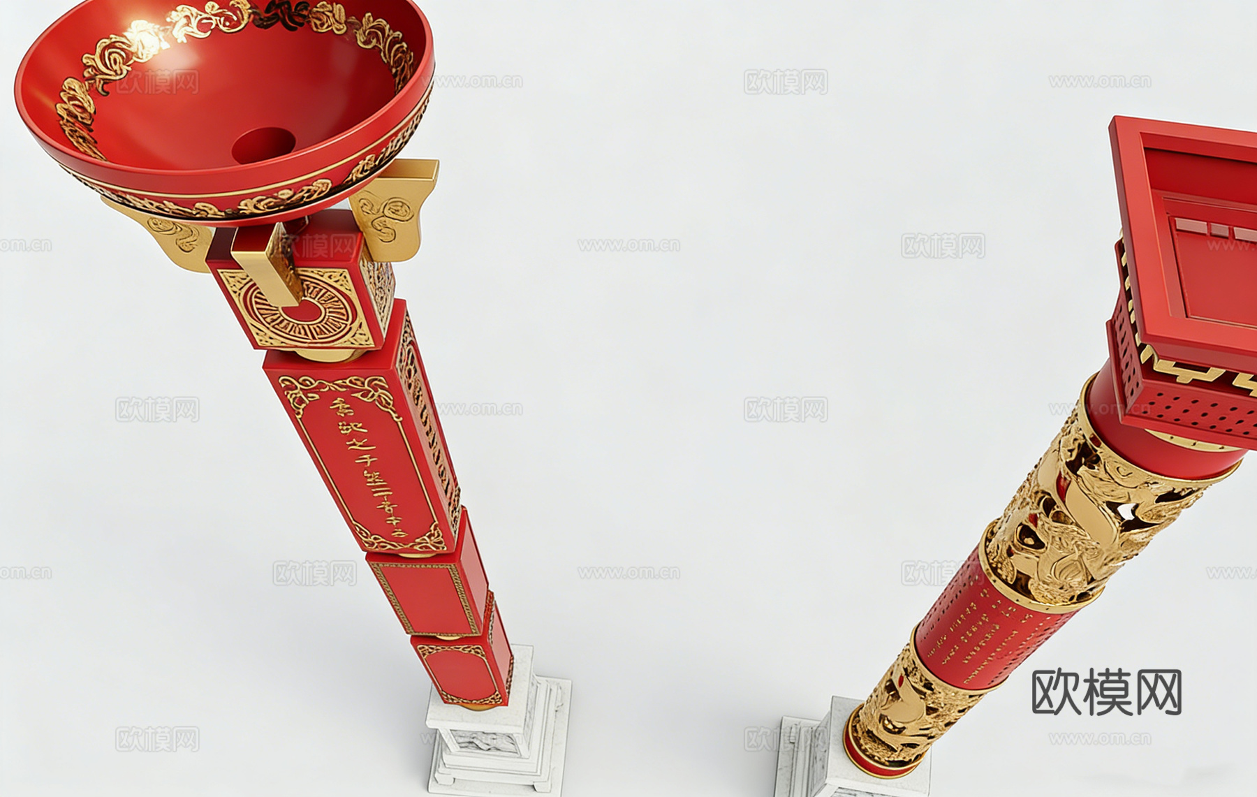 中式传统纹样盘龙柱 龙纹浮雕 金色雕花 寺庙大殿庆典装饰su模型