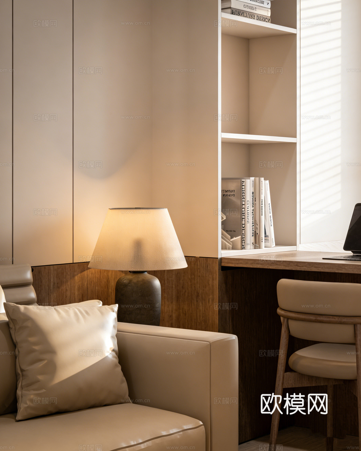 现代简约书房卧室一体 民宿客房 多功能房间 L型书桌 地台床su模型