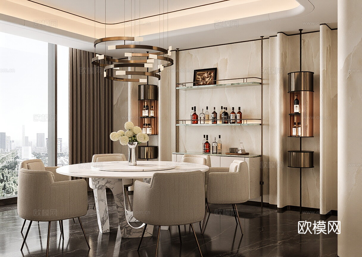 现代轻奢餐厅 餐桌椅组合 酒柜 吊灯 摆件 冰箱 电器 挂画3d模型下载