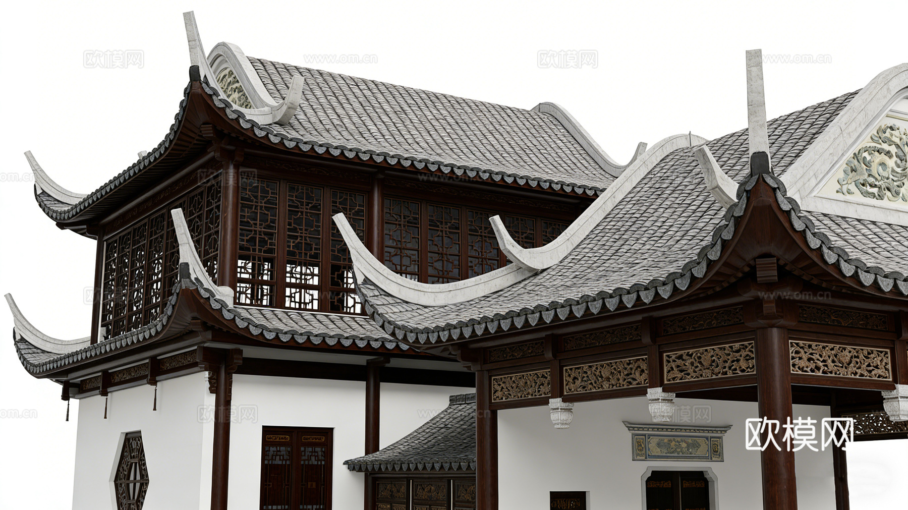 中式传统两层楼阁连廊 飞檐翘角 雕花木窗 灰瓦白墙su模型