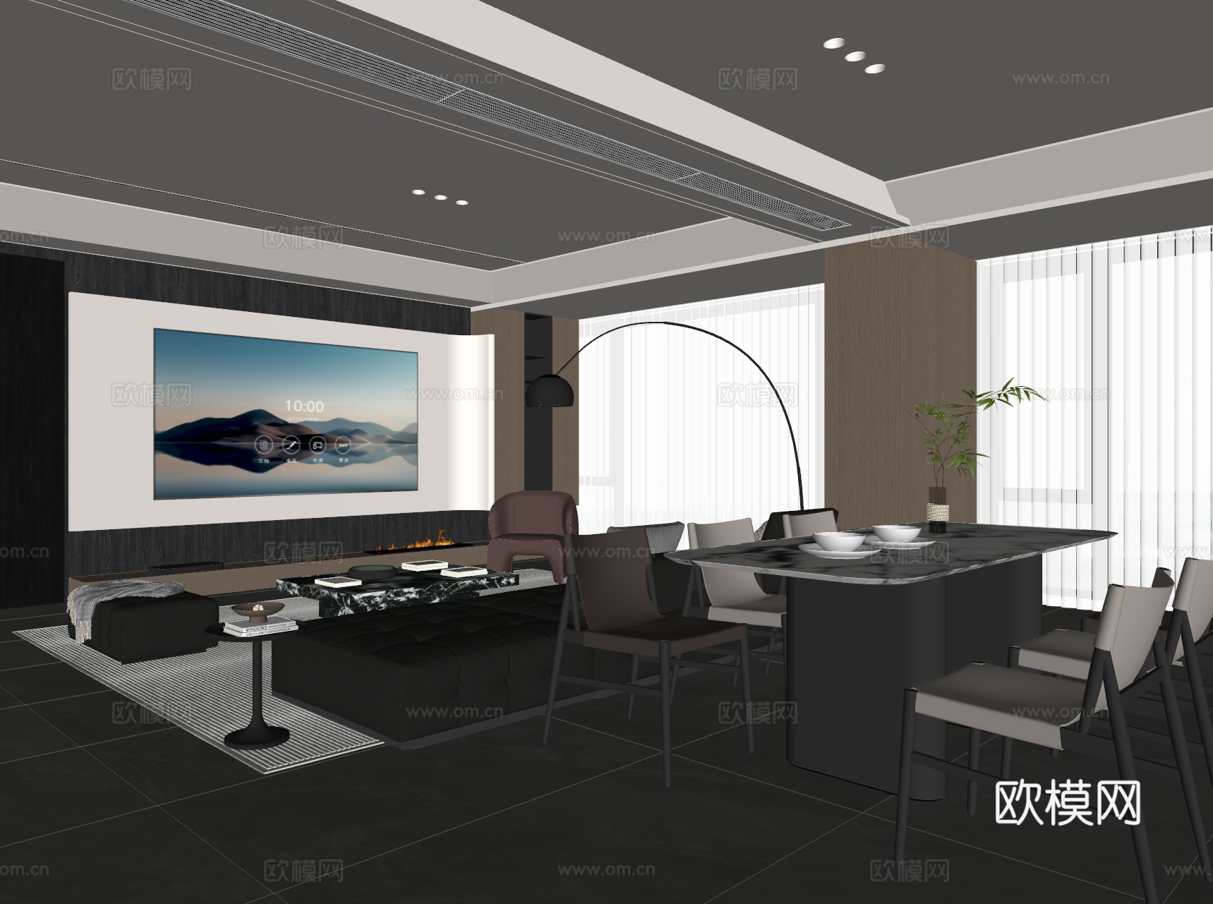 现代意式客餐厅 沙发茶几 电视背景墙 餐桌椅 地毯su模型