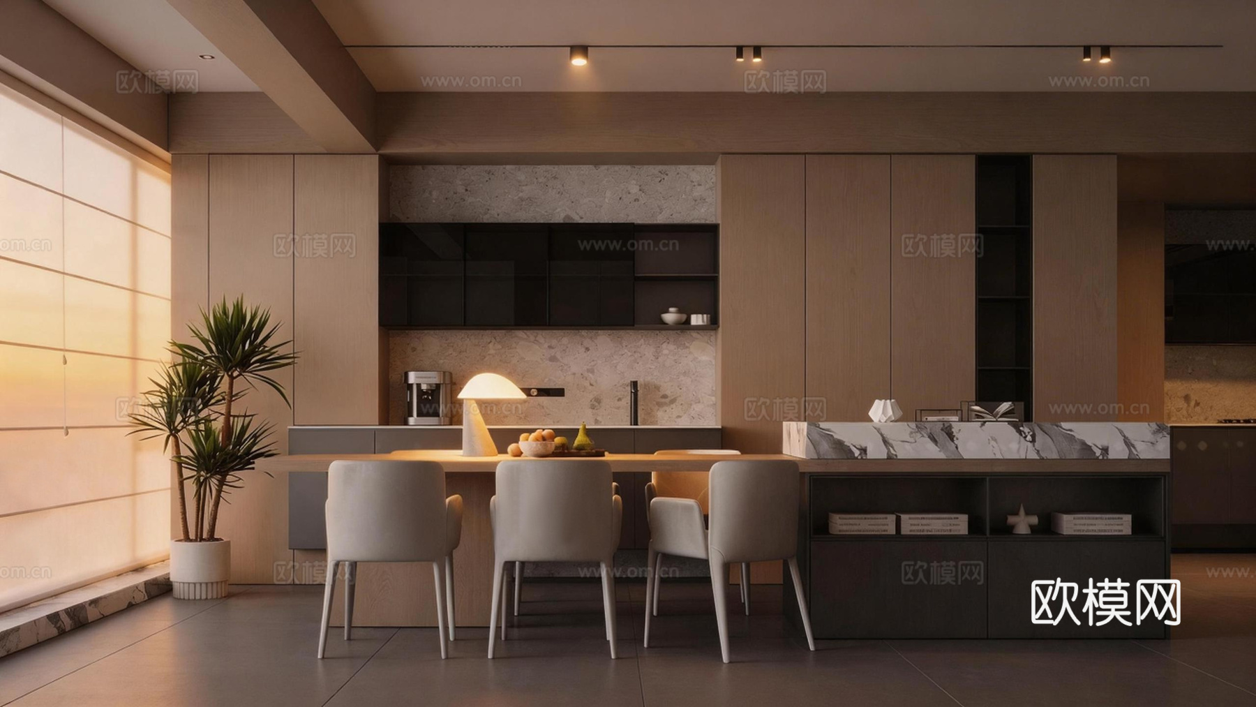 餐厨一体 开放式餐厅 餐桌 厨柜su模型