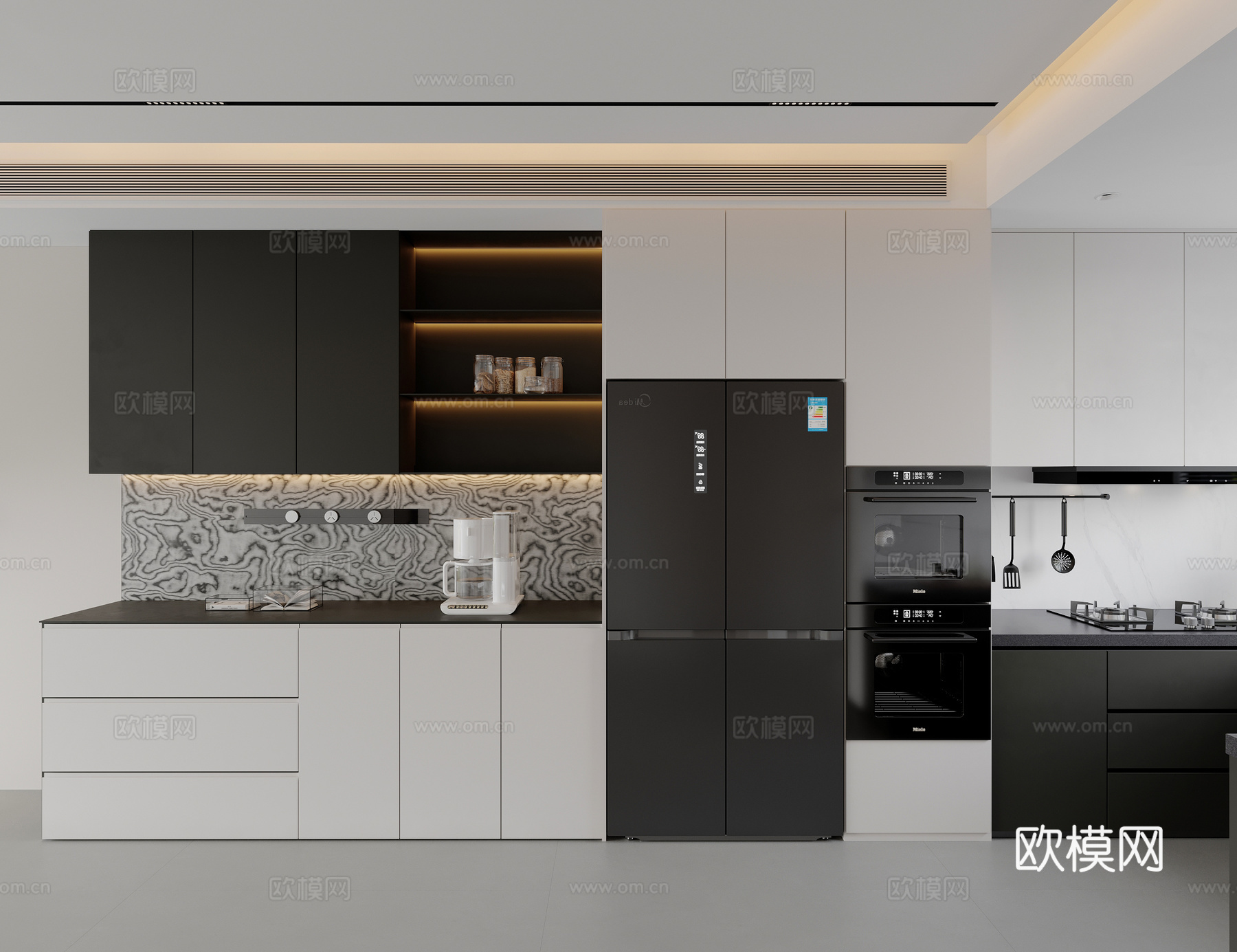 现代极简黑白灰开放式厨房su模型
