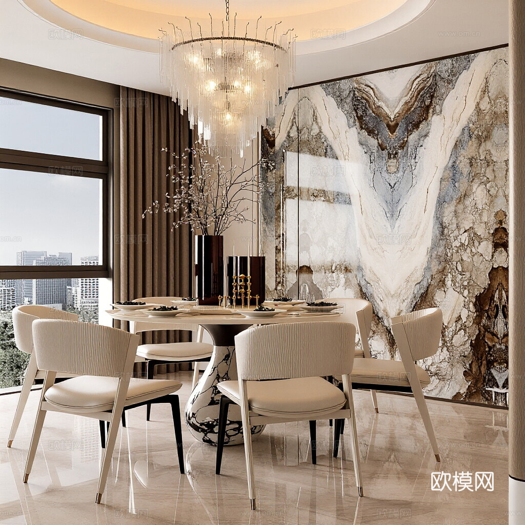 现代轻奢餐厅 餐桌椅组合 酒柜 吊灯 摆件 冰箱 电器 挂画3d模型下载