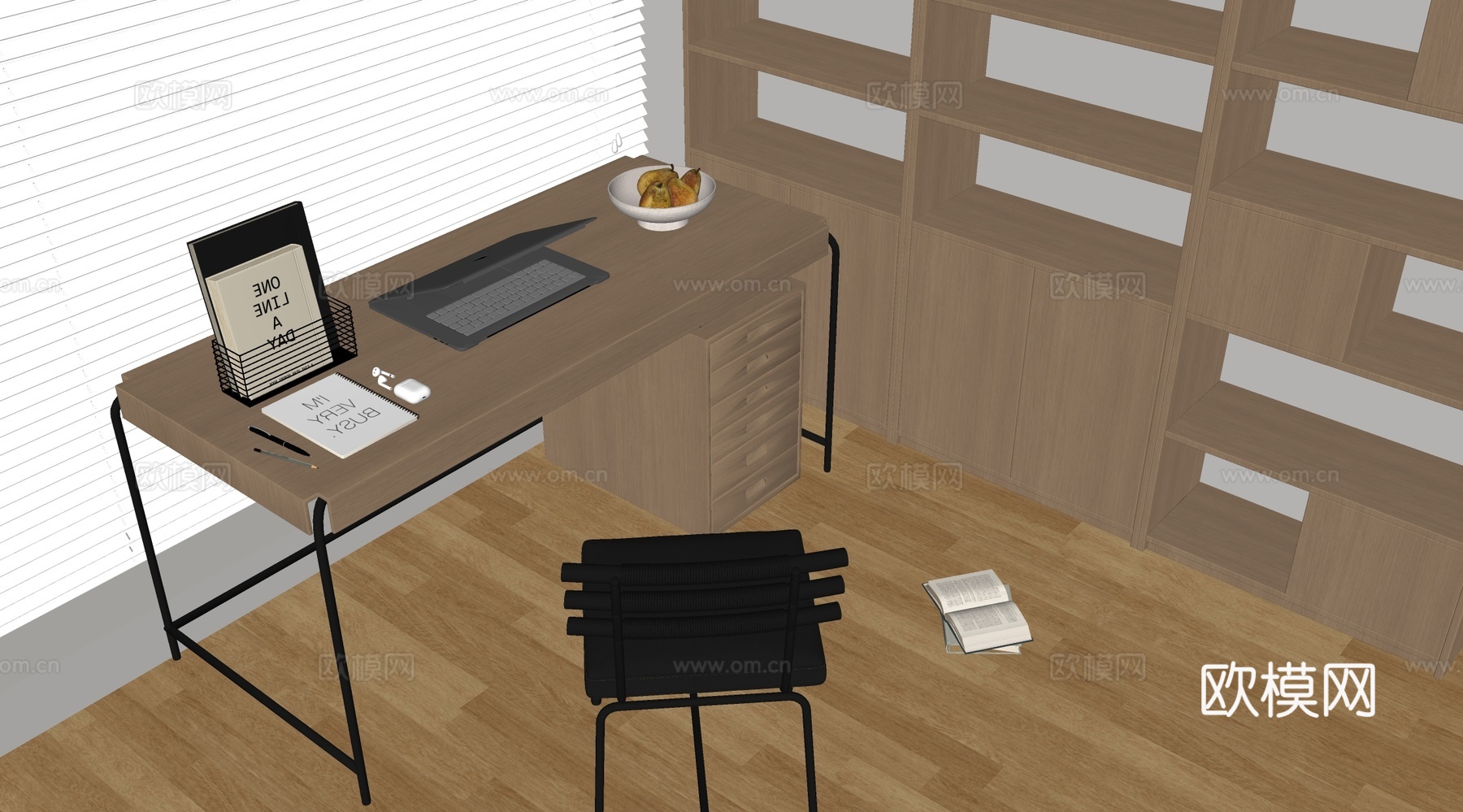 原木风书房 书桌椅  办公桌椅 摆件组合 书柜su模型