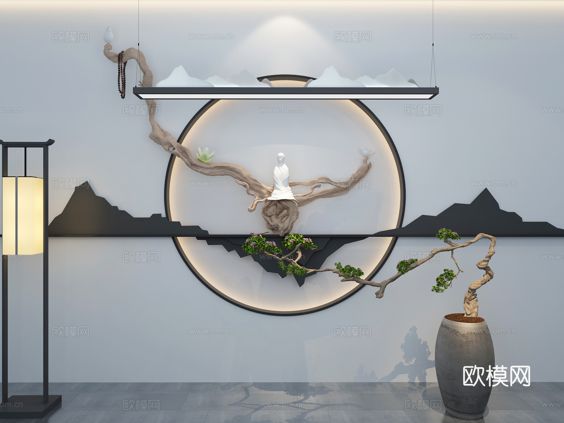 新中式背景墙 新中式吊灯 落地灯 绿植 佛珠 枯藤3d模型下载