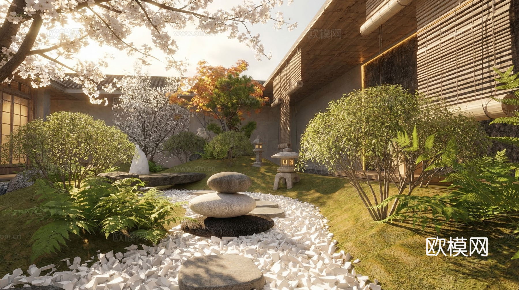 日式中庭枯山水庭院景观 石头假山 禅意庭院小品su模型