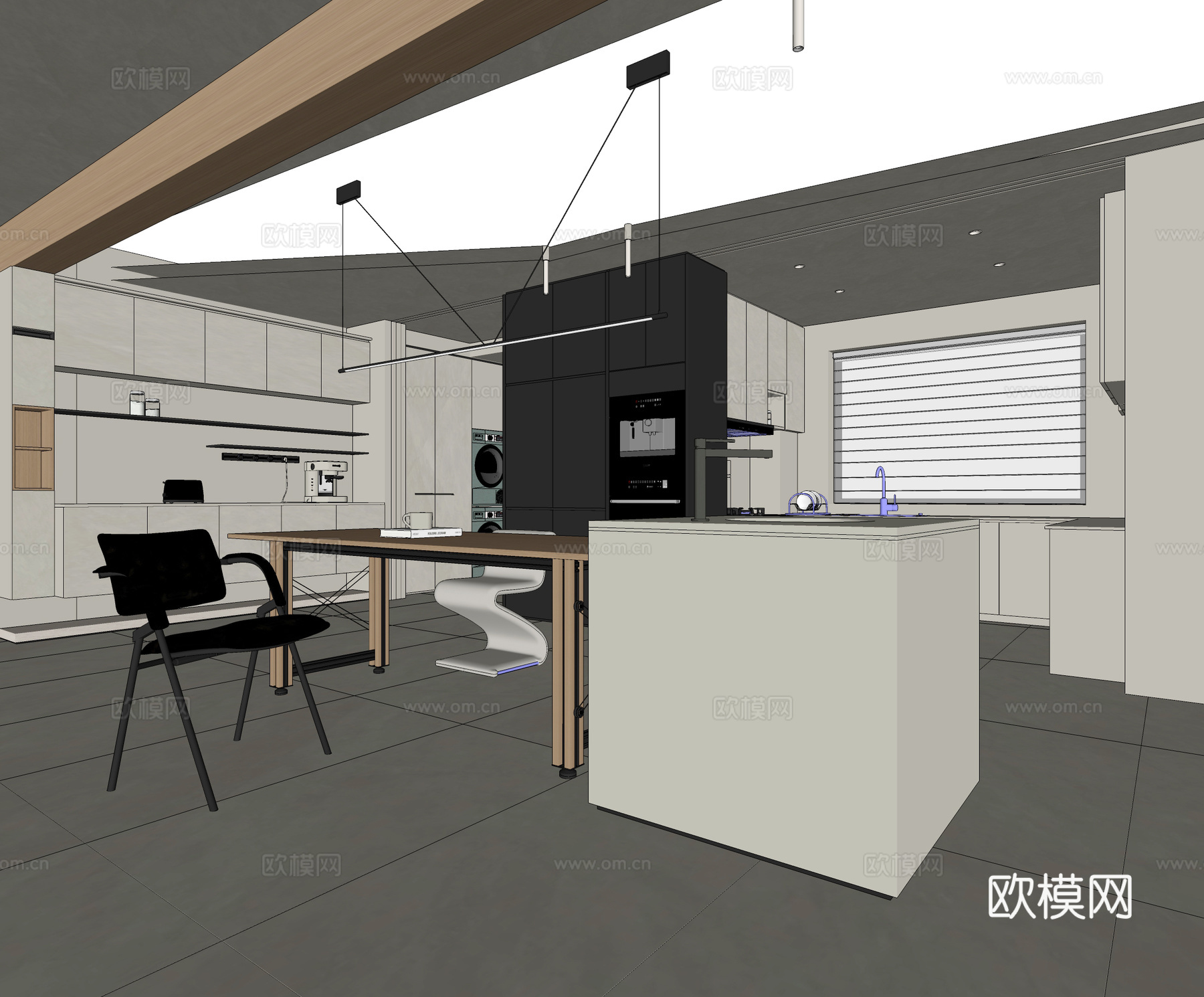开放式厨房 吧台 吧椅 餐边柜su模型