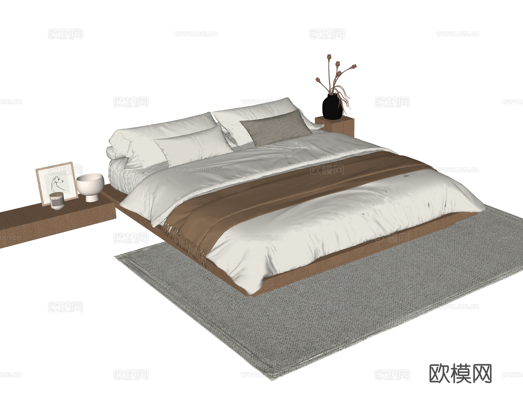现代双人床 床头柜su模型