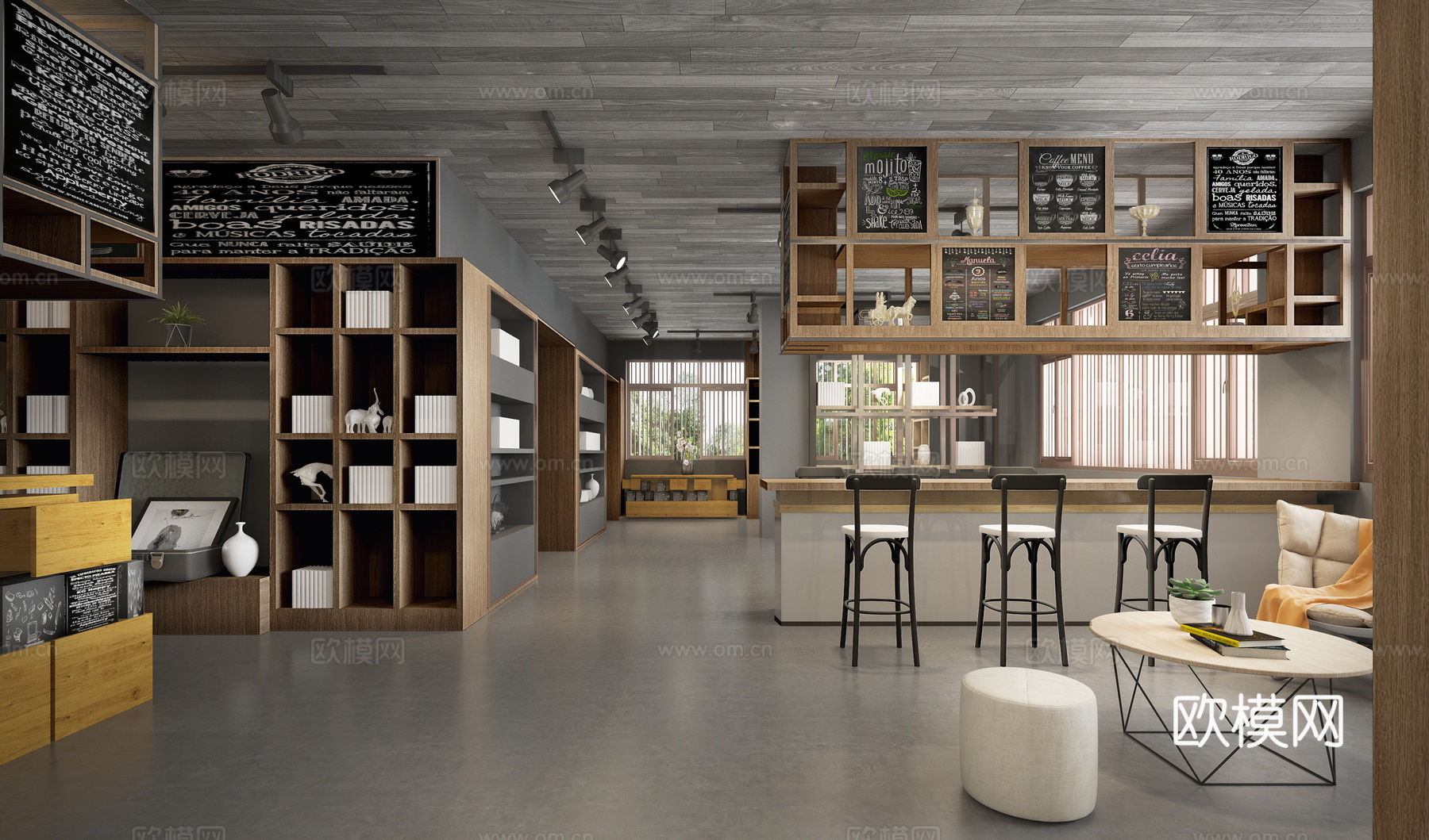 现代书吧休闲区3d模型下载（渲染图1）