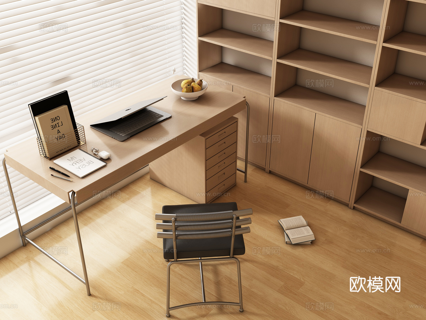 原木风书房 书桌椅  办公桌椅 摆件组合 书柜su模型