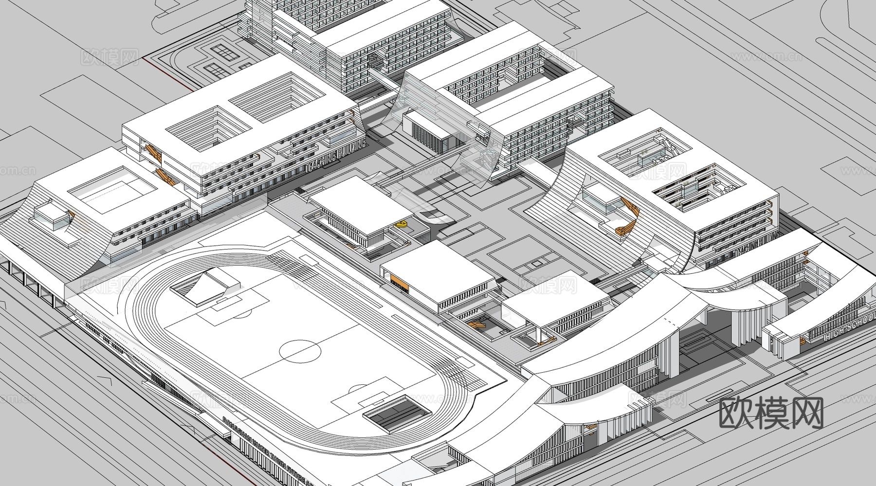现代学校建筑  中小学建筑 学校鸟瞰图 艺术培训学校 学校操su模型