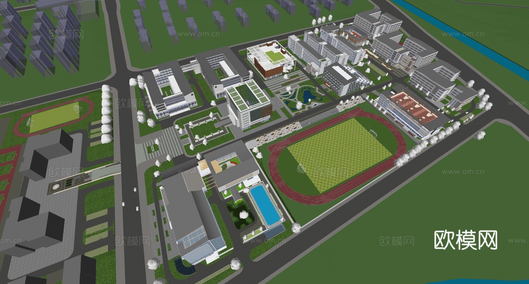 现代学校建筑  中小学建筑 学校鸟瞰图su模型