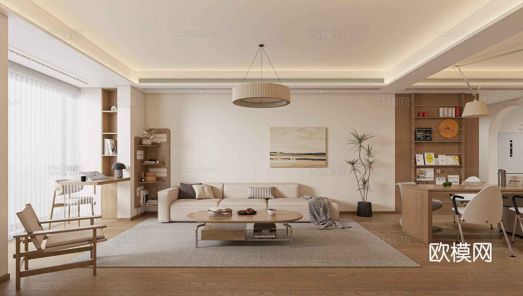 日式原木风客餐厅3d模型下载（渲染图1）