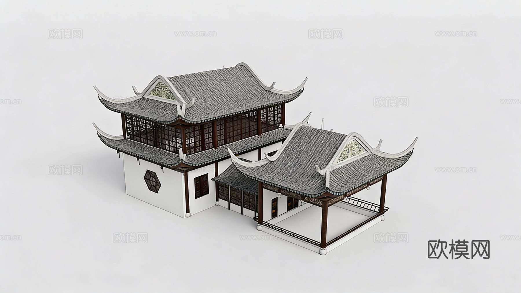 中式传统两层楼阁连廊 飞檐翘角 雕花木窗 灰瓦白墙su模型