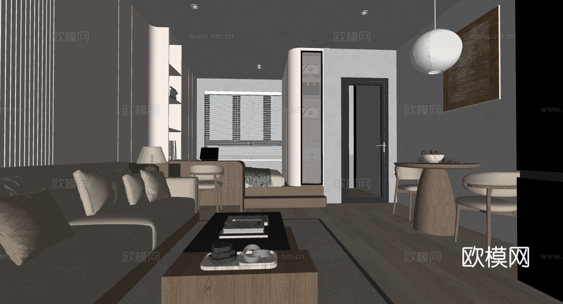 现代简约书房卧室一体 民宿客房 多功能房间 L型书桌 地台床su模型