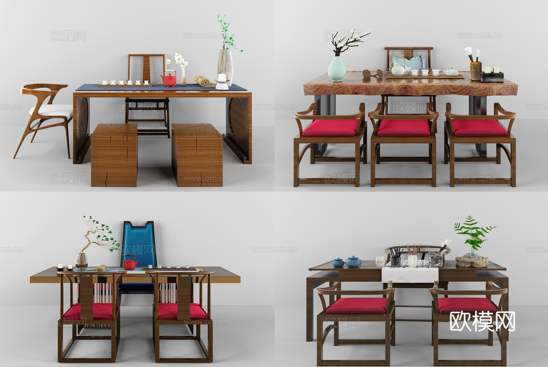 新中式茶桌茶几组合3d模型下载